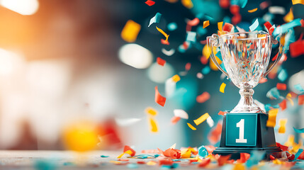 Trophy victory celebration confetti success champion award achievement winner number financial growth 2026 festive color confetti explodes around silver trophy with number one, symbol of success