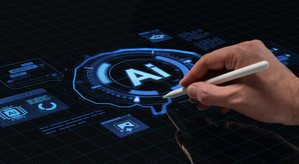 Hand with digital pen interacting with futuristic AI interface on holographic screen in technology concept background for business and innovation use.