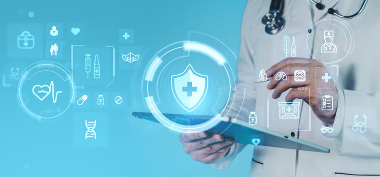Doctor using digital tablet with futuristic healthcare interface icons representing AI system support and teleconsultation technology concept. - Powered by Adobe