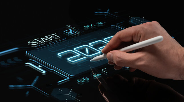Hand holding digital pen drawing futuristic 2026 interface on glowing HUD screen with start button and holographic UI elements on technology background.