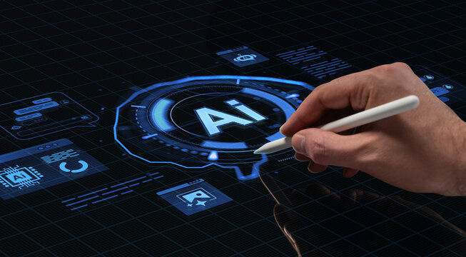 Hand with digital pen interacting with futuristic AI interface on holographic screen in technology concept background for business and innovation use. - Powered by Adobe