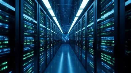 Futuristic server room with rows of glowing blue and green lights, data center technology, digital information storage and processing, abstract network concepts, deep learning algorithms, AI - Powered by Adobe