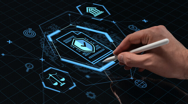 Hand with stylus interacting with holographic digital interface on futuristic grid screen background, symbolizing tech, business, and innovation concept.