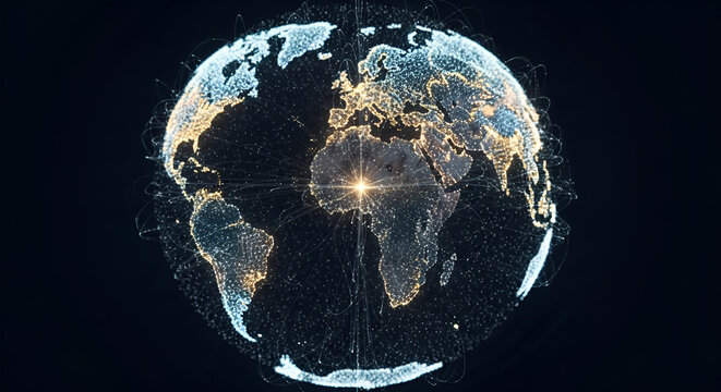 Stunning digital world map visualization highlights global data flow and dynamic network connections across continents with vibrant light beams - Powered by Adobe