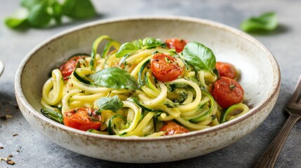 Gluten free pasta with zucchini noodles olive oil cherry tomatoes and fresh basil served in ceramic dish for gluten free lifestyle concept and healthy living allergy sensitive diet nutrition wellness.