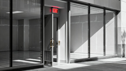 sunlit empty commercial storefront with glass windows, open door, and glowing red exit sign on an urban sidewalk