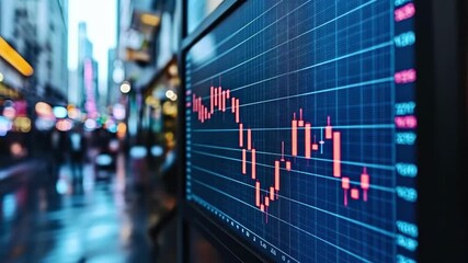 Financial market screen displaying red stock chart in city street at dusk - Powered by Adobe