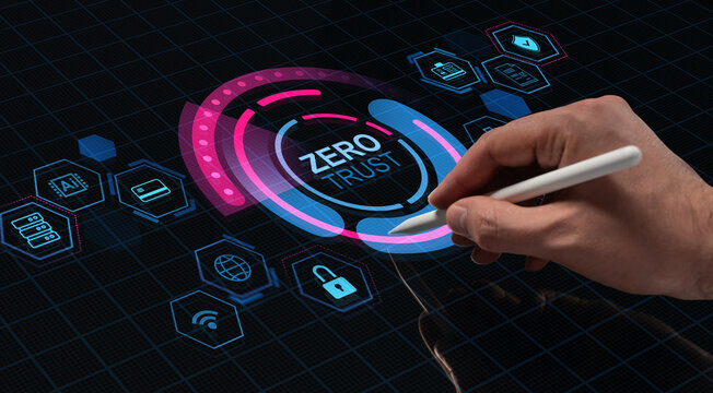 Hand uses pen to interact with digital zero trust interface on futuristic hud screen with holographic cybersecurity icons and data concept background.