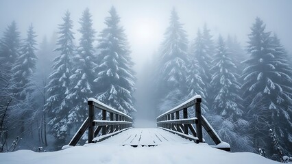 Wooden bridge covered in snow leading to a foggy winter forest