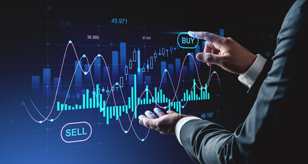 Businessman analyzing forex market chart with digital buy and sell interface on futuristic background showing financial growth concept in trading.