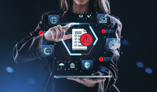 Businesswoman interacting with digital interface highlighting cy - Powered by Adobe