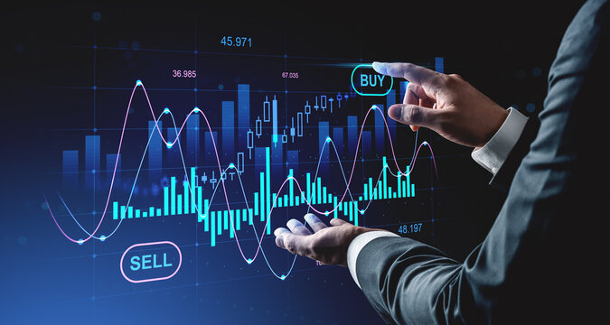 Businessman analyzing forex market chart with digital buy and sell interface on futuristic background showing financial growth concept in trading.