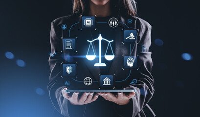 Futuristic AI law concept with glowing justice scale and legal i