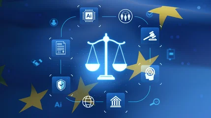 Fototapeten Pony Digital justice scale surrounded by AI and tech-related legal icons on EU flag background representing regulation concept in artificial intelligence law.  © ImageFlow