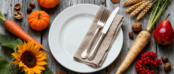 Rustic autumn harvest table setting with white plate, pumpkin, sunflower, root vegetables, berries, wheat and pear