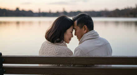 Affectionate mature couple sitting closely on park bench by tranquil lake at sunset, sharing an intimate moment together outdoors