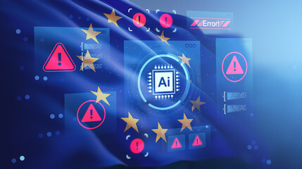 AI system breach and error concept with warning symbols and chip hologram over EU flag background indicating digital security issues in technology.