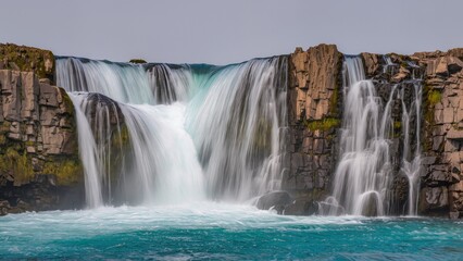 Fototapeta premium Powerful Waterfall Over Basalt Cliff into Turquoise Pool