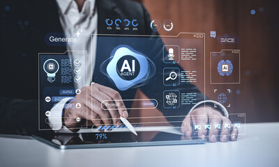 Businessman using stylus on tablet with futuristic AI agent interface and data icons on tech background, symbolizing artificial intelligence concept.