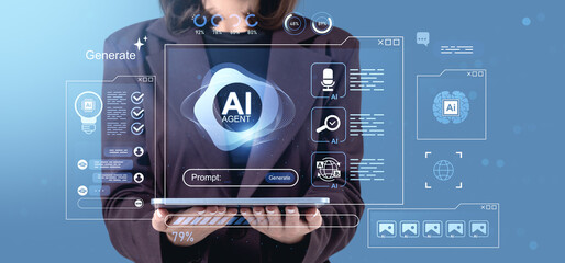 Futuristic AI agent concept interface displayed on digital screen held by businesswoman, symbolizing creative technology background and innovation in tech..