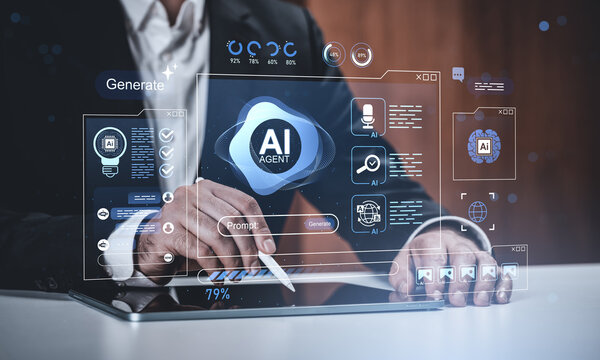 Businessman using stylus on tablet with futuristic AI agent interface and data icons on tech background, symbolizing artificial intelligence concept.