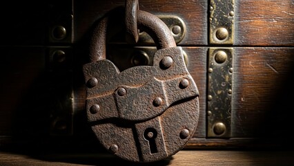 Antique Rusty Padlock Securing a Vintage Wooden Chest
