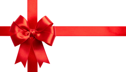 Cut out image of red satin cross-stretch ribbons and bow. Glossy silk ribbons for holiday gift box isolated on transparent background.