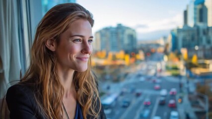A woman with eyes closed smiles in a city overlook