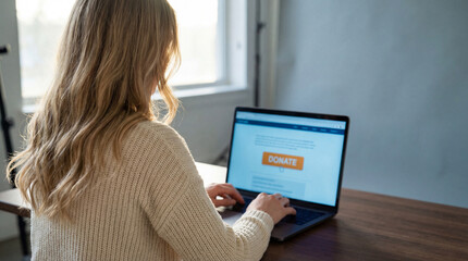 Woman donating online using laptop at home, secure digital charity contribution and remote fundraising through internet payment platform