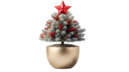 Stylish indoor Christmas tree in a metallic gold planter, finished with a red star topper and subtle festive detailing, perfect for modern holiday design, isolated on white background 