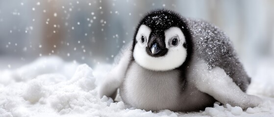 Cute baby penguin playing in the snow during a winter day, surrounded by a light snowfall and soft white snowflakes