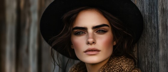 Close-up of woman in black hat by wooden wall. AI-generated.