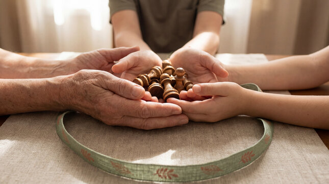 generations holding wooden chess pieces together at a table, symbolizing family unity, tradition, wisdom, and shared learning