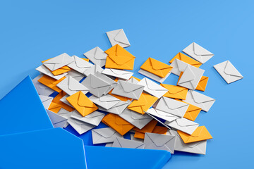 Overflowing pile of orange and white envelopes spilling from a blue envelope on blue background, symbolizing email spam or scam messages concept. 3D Rendering