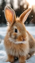 Fototapeta premium Cute brown rabbit sitting on snow during winter sunset, surrounded by a snowy landscape and gentle falling snowflakes