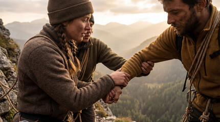 exhausted climbers helping injured teammate on steep mountain ridge during challenging ascent in rugged alpine landscape at sunset