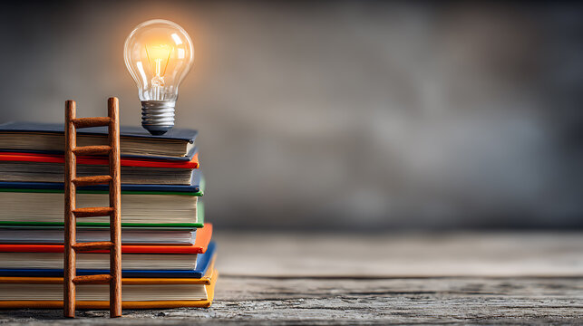 Light bulb stack books learning education knowledge idea innovation strategy inspiration fuel financial growth 2026 on wooden table with ladder symbolizing progress and success