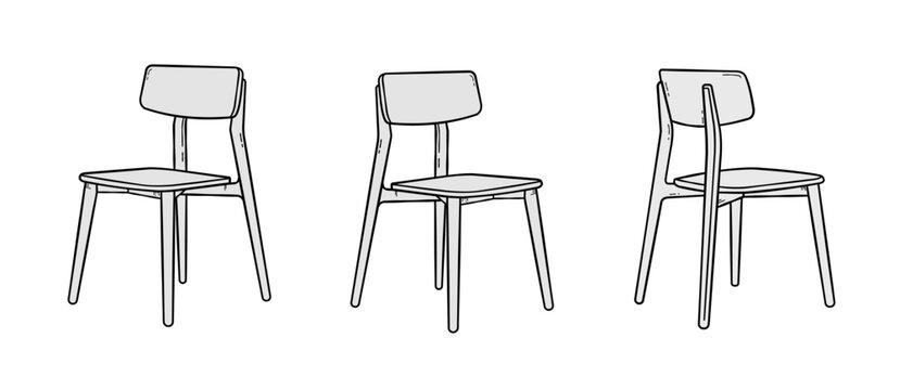 Three chairs front and three-quarters view isolated , interior furniture for dining room, kitchen, or modern living space - vector illustration