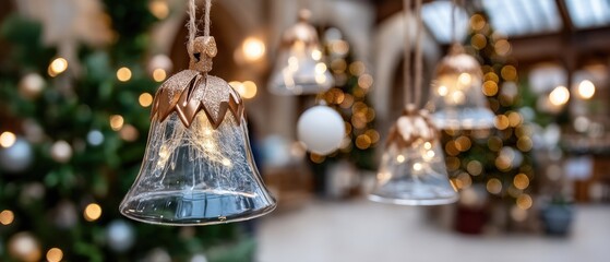 Decorative glass bells hanging in a festive indoor space adorned with Christmas trees and warm lights during the holiday season