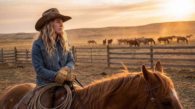 young cowgirl riding a chestnut horse at sunset on a rural ranch with grazing herd in the background and dusty golden sky