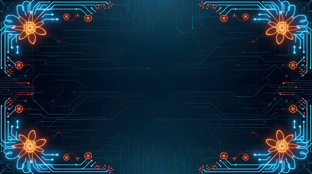 Cadre ornamental fleuris turquoise orange sur fond bleu marine