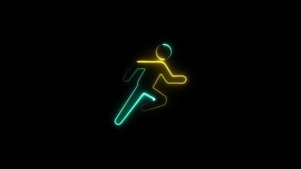 Neon running man silhouette glowing purple against black background dynamic motion abstract fitness concept athletic