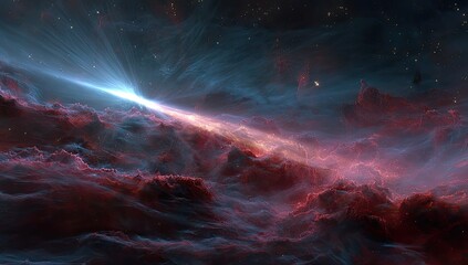 Cosmic artwork showcases a bright celestial object casting a brilliant beam through vibrant nebulae