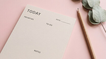 Minimalist daily planner page with priorities list, to do section, notes area and wooden pencil on soft pastel background