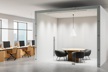 Modern office interior with open workspace and enclosed minimalist meeting room featuring round table and comfy chairs in stylish design. 3D Rendering