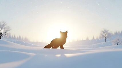 Silhouette of a fox sitting in deep snow during a bright winter sunrise or sunset, with falling snow and trees in the background