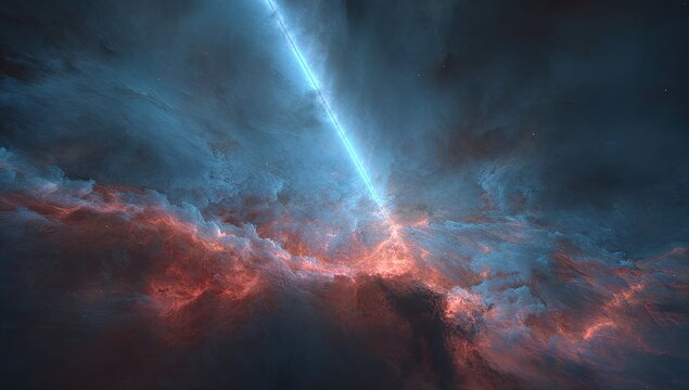 A cosmic scene shows a blue beam piercing through nebulous clouds with hints of red and orange