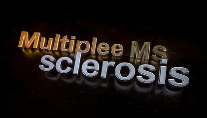 Glossy, three-dimensional text composition spells "Multiplee MS sclerosis" against a dark background, potentially for a medical or educational context
