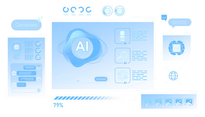 Futuristic AI interface dashboard with digital icons and blue abstract elements illustrating artificial intelligence generation concept background. 3D Rendering