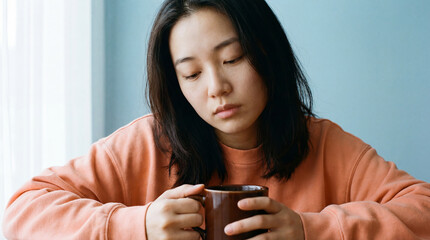 Pensive young woman in casual sweatshirt holding warm drink and gazing down thoughtfully in soft natural window light